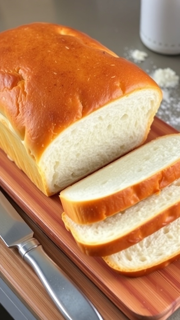 Homemade Pullman Sandwich Bread Recipe Freshly baked Pullman sandwich bread loaf, sliced to show soft interior, on a wooden cutting board.